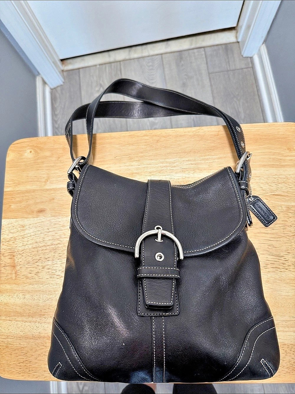 Coach Soho Black Leather Buckle Flap Shoulder Bag Style 9480